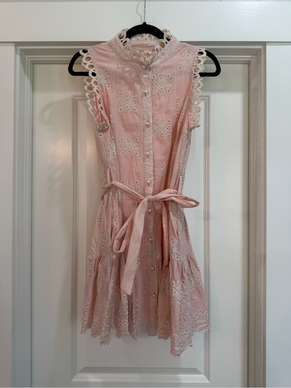 entro Pink Eyelet Midi Dress with Tie Waist